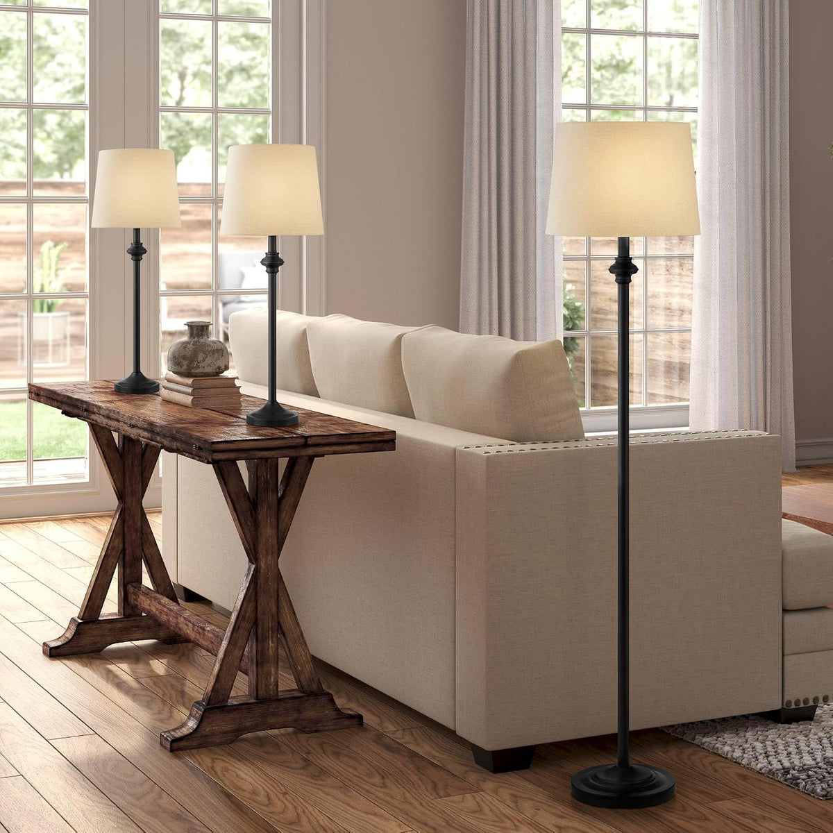 360 Lighting Carter Traditional 3 Piece Table Floor Lamp Set Black Metal Crea...