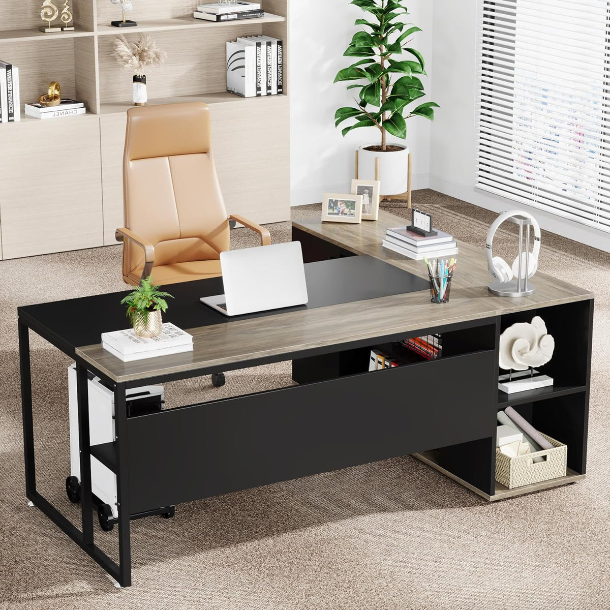 Tribesigns 71 inch Executive Desk, L Shaped Desk with Cabinet Storage