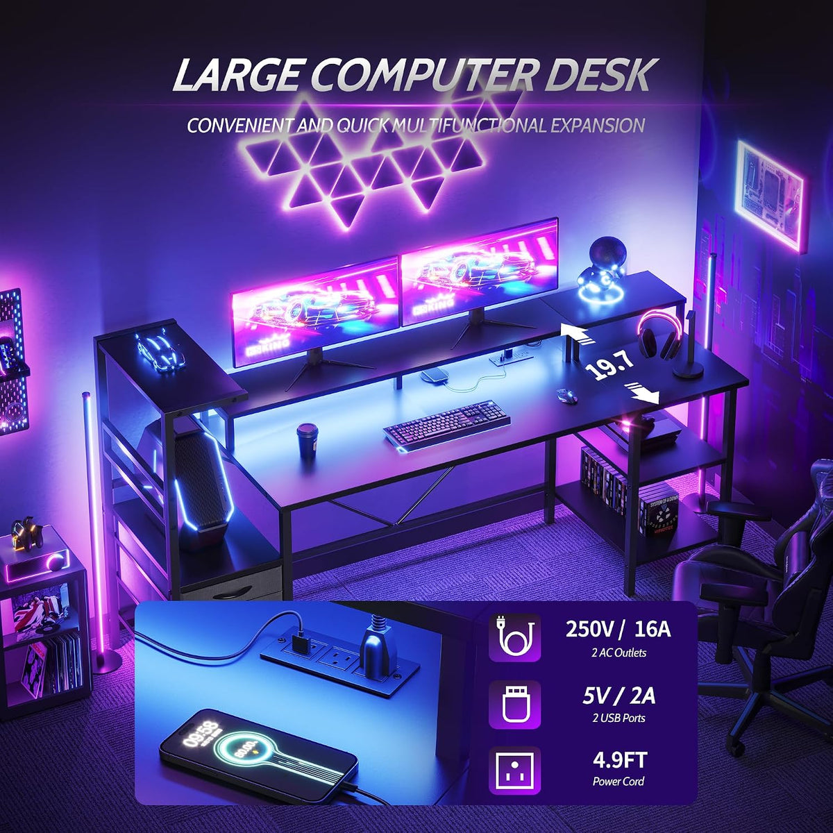 59 in Gaming Desk with Storage Drawers & Shelves, Reversible Computer Desk
