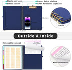 Ospelelf Bule Foldable Spiral Clipboard Folio with Storage Zipper Pouch, 5 Plastic Folders with 10 Pockets, Refillable Lined Notepad (11" x 8.5"), Linen Hardcover Project Organizer