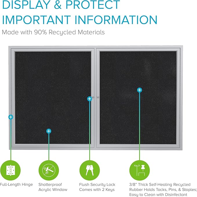 Ghent 36"x60" 2-Door indoor Enclosed Recycled Rubber Bulletin Board, Shatter - Image 3
