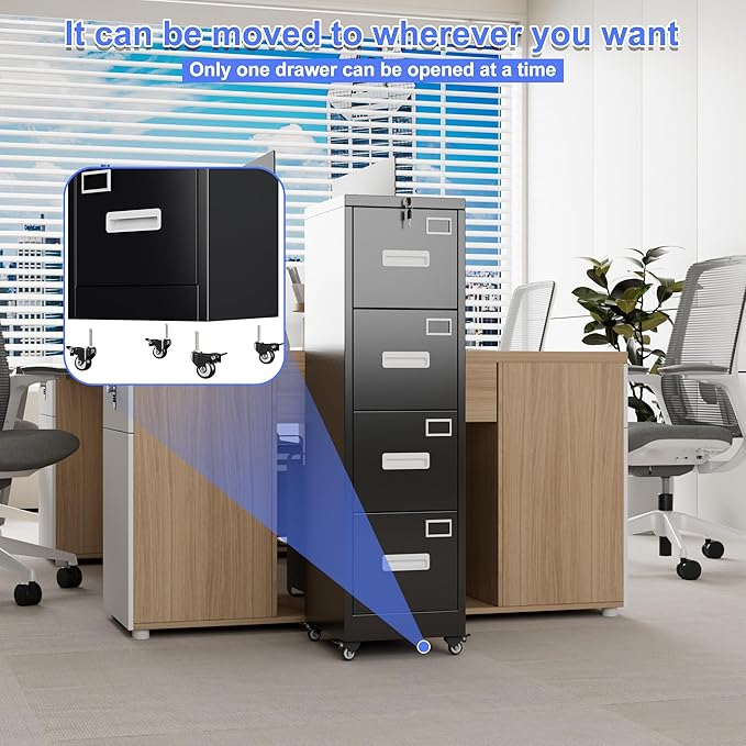 METAN 4 Drawer File Cabinet on Wheels, Lockable Metal Filing Cabinet - Image 5