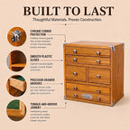 premium oak wood organizer chest, 6 drawer desktop showing dimensions
