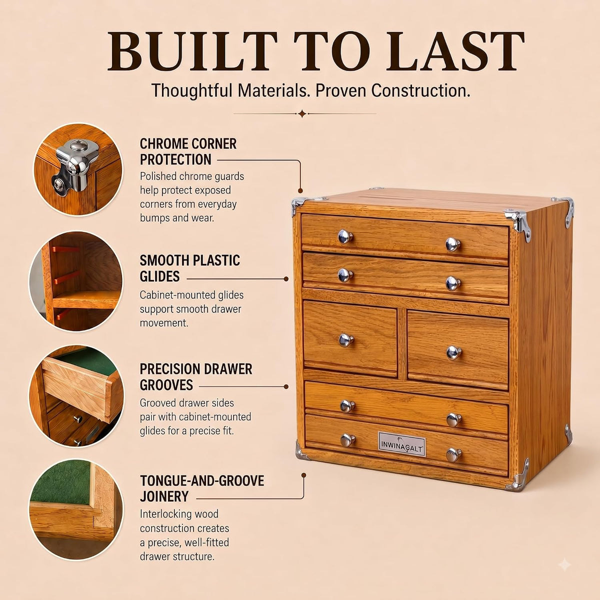 premium oak wood organizer chest, 6 drawer desktop showing dimensions