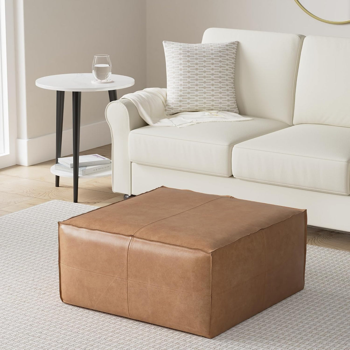 SIMPLIHOME Brody 30" Wide Pouf in Distressed Camel Brown Faux Leather