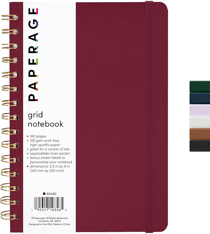 PAPERAGE Graph Paper Spiral Notebook & Journal, 160 Pages, Medium 5.5 inches x by PAPERAGE