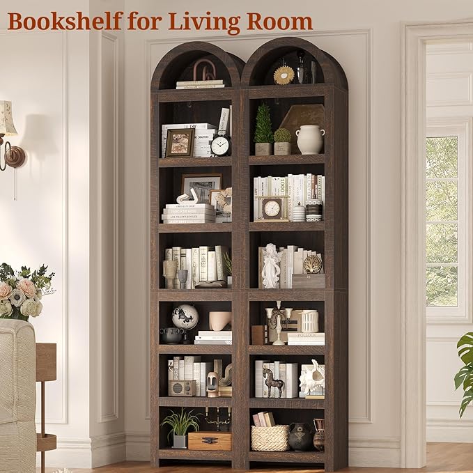UPOSOJA 76" Tall Narrow Arched Bookcase, 7-Teir Mid-Century Modern Bookshelf - Image 7