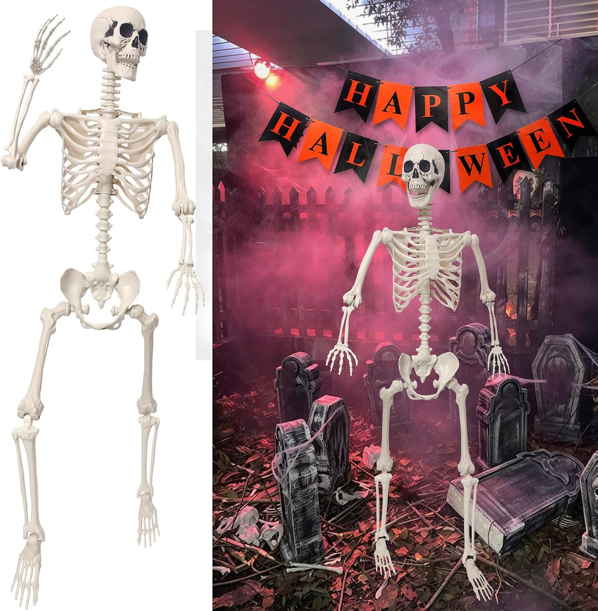 5.4ft Life Size Poseable Halloween Skeleton with Banner
