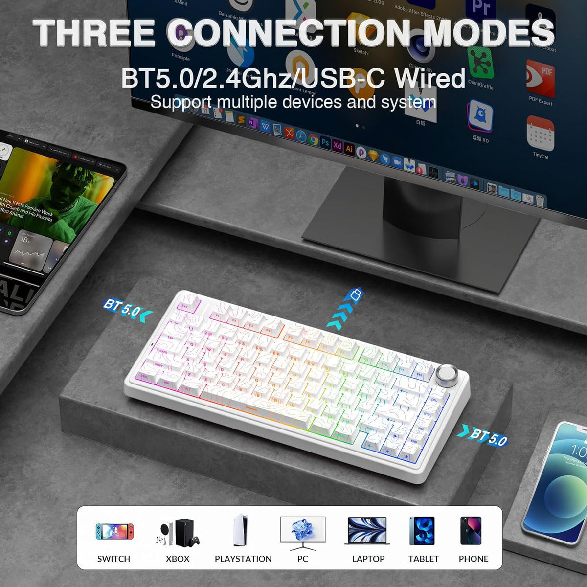 AULA F75 Pro Wireless Mechanical Keyboard with Knob,75% Hot Swappable Custom ...
