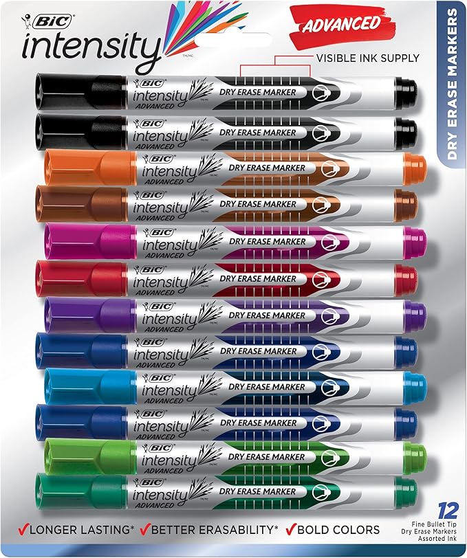 BIC Intensity Advanced Colorful Dry Erase Markers, Bullet Tip, 12-Count Pack of by BIC