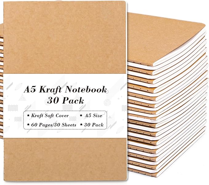 feela 30 Pack Kraft Notebooks, A5 60 Lined Pages Notebooks and Journals by feela