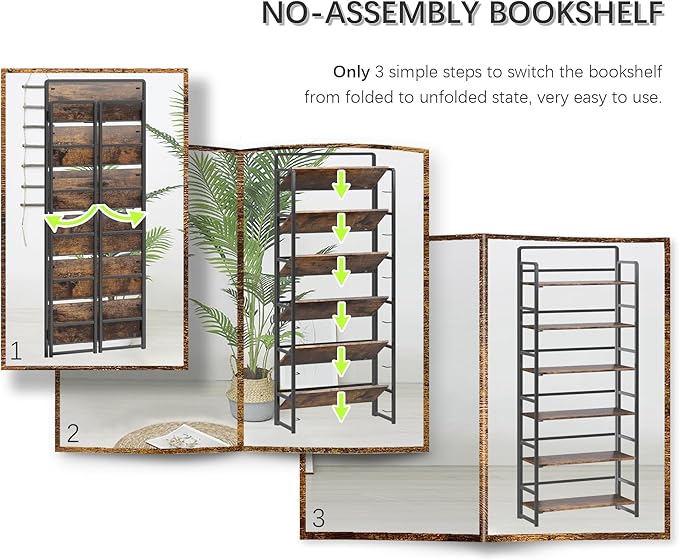 4NM No Assembly 6 Tiers Folding Bookshelf Storage Shelves Vintage Bookcase - Image 6