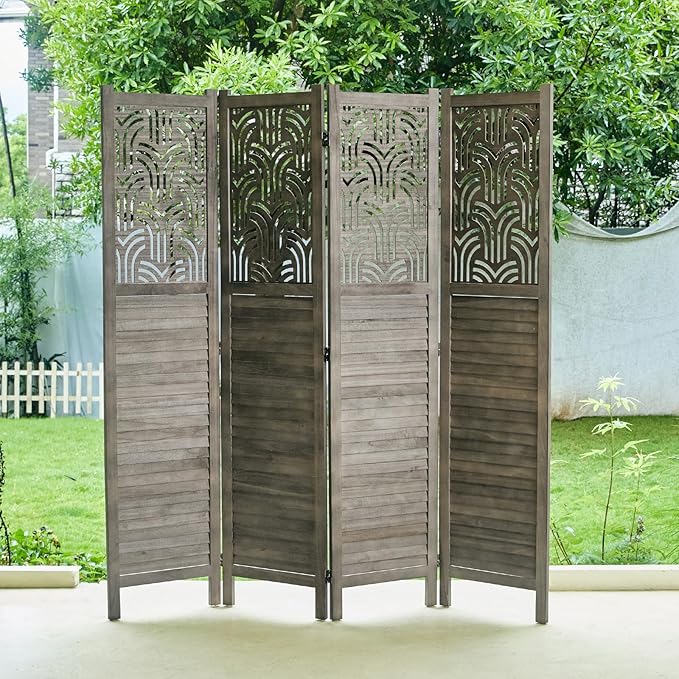 Svimi Folding Room Divider, 66.9 Inch 4 Panels Wood Carved Privacy Screens - Image 7
