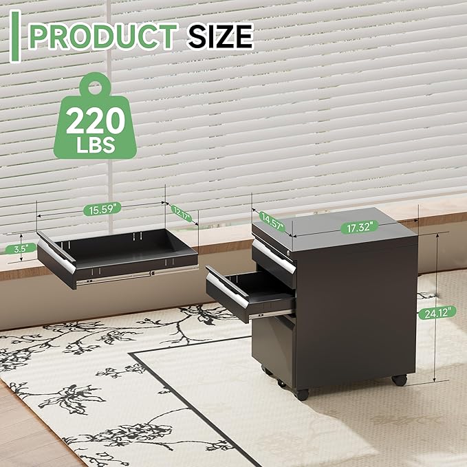 LONGLINK 3 Drawer Mobile File Cabinet - Image 3