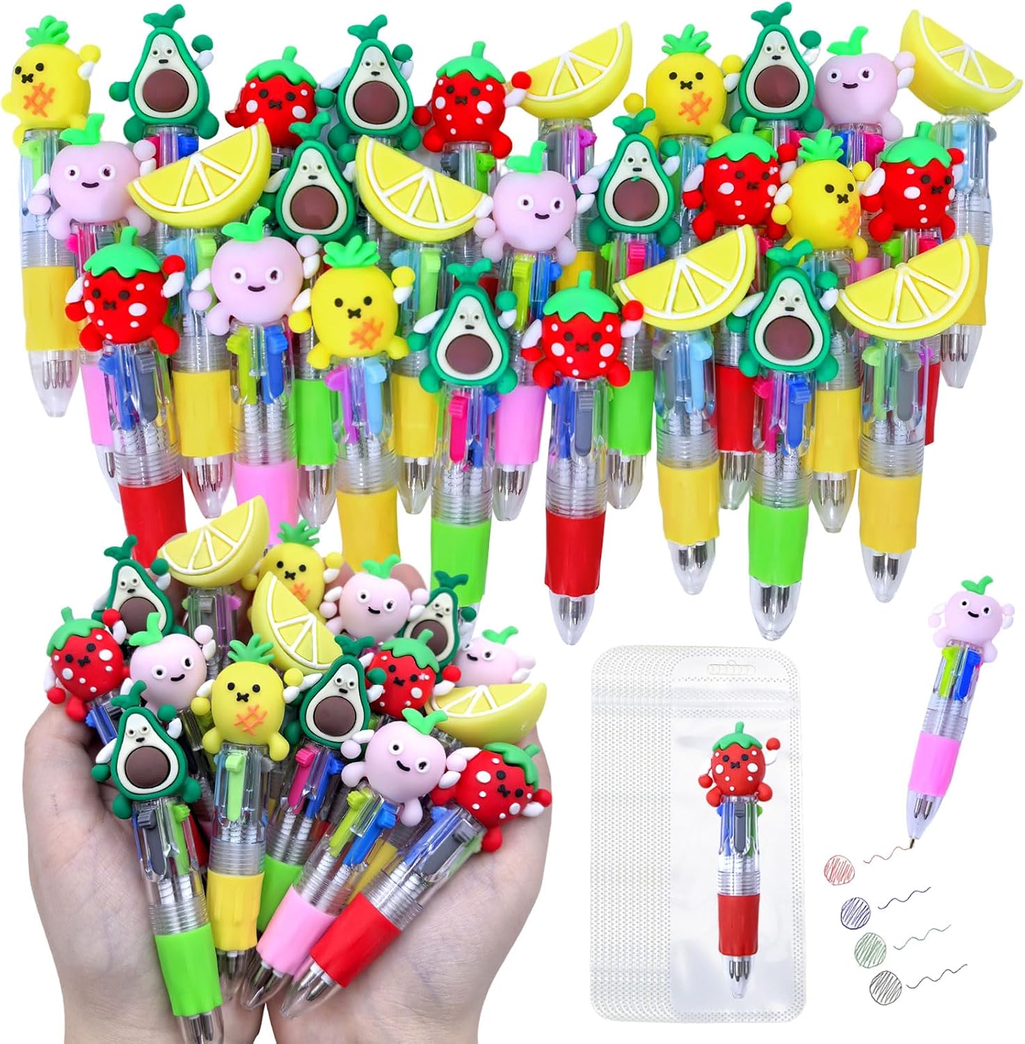 TOEMUR 100 PCS Multicolor Pen Set – 50 Cute Pens Bulk with 50 Pen Bags, Fun Pens for Party Favors, Christmas, Birthday, Kawaii Stationery , Prizes, Gifts Bulk for Friends (Fruit)