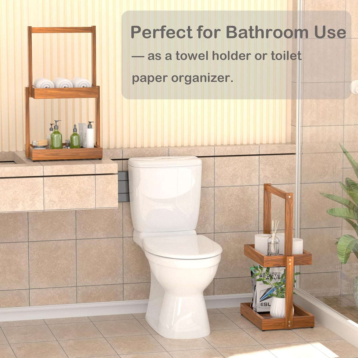 Teak Bathroom Shelf Towel Holder - 2 Tier