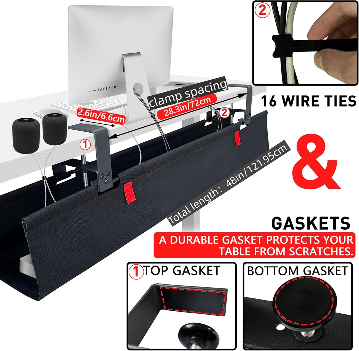 No Drill Under Desk Cable Management Tray, 48" Desk Cable Organizer