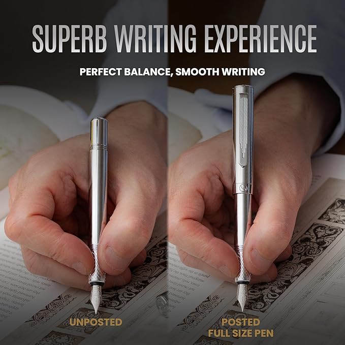 Scriveiner Silver Chrome Fountain Pen, Award Winning Luxury Pen, Heavy Pocket - Image 6