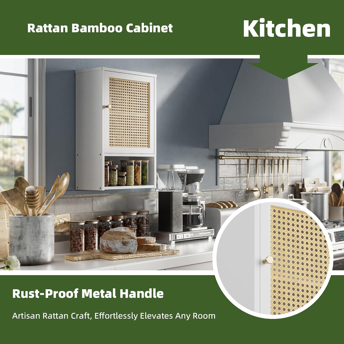 Bathroom Wall Cabinet, Bamboo Over-The-Toilet Storage Organizer with Rattan D...