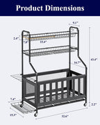 kitsure sports equipment organizer with wheels, garage ball showing dimensions