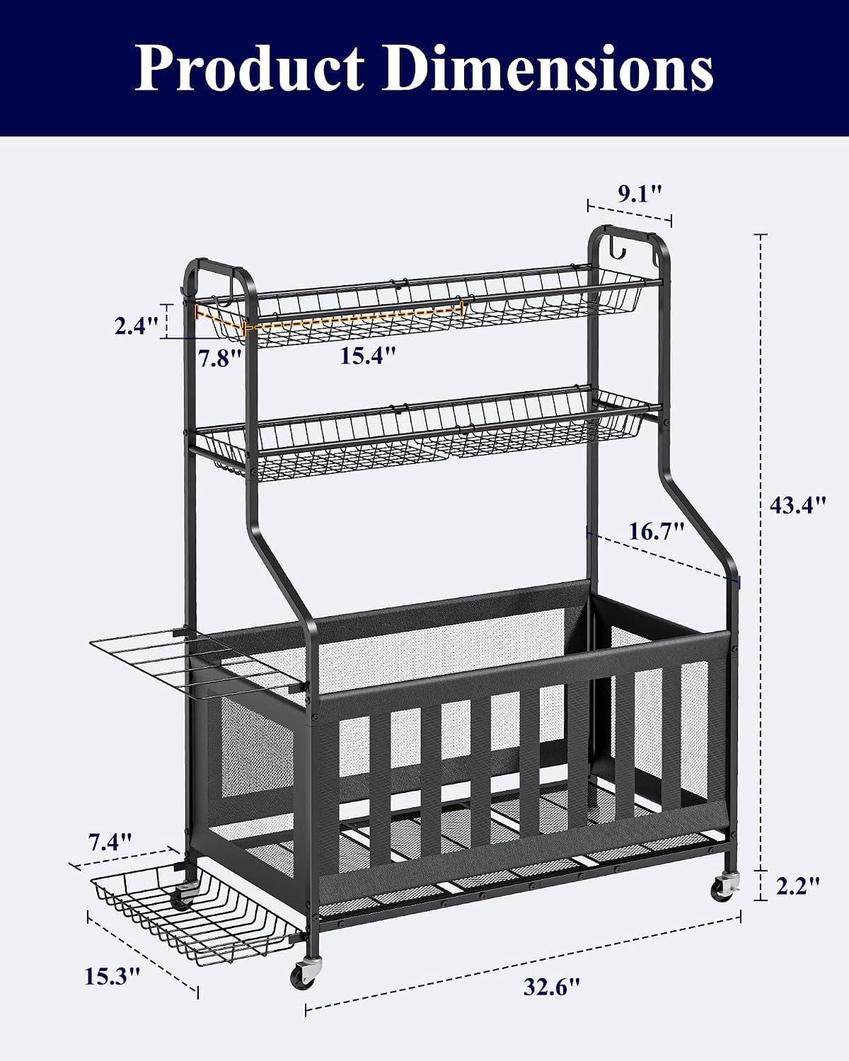 kitsure sports equipment organizer with wheels, garage ball showing dimensions