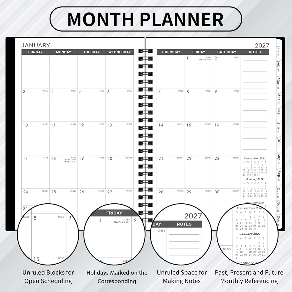 2027-2031 Monthly Planner/Calendar - Jan. 2027 - Dec. 2031, 6.2" x 8.3" | Monthly Planner, 5 Year, Multi Year Calendar 2027-2031 with Twin-Wire Binding, Tabs, Storage Pocket - Black