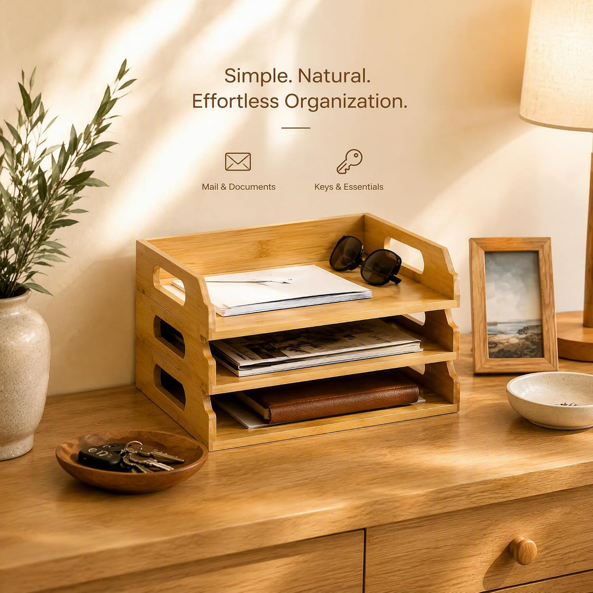 Okllen 3 Pack Stackable Paper Trays, Bamboo Desk Letter Tray Set, 3 Tier File...