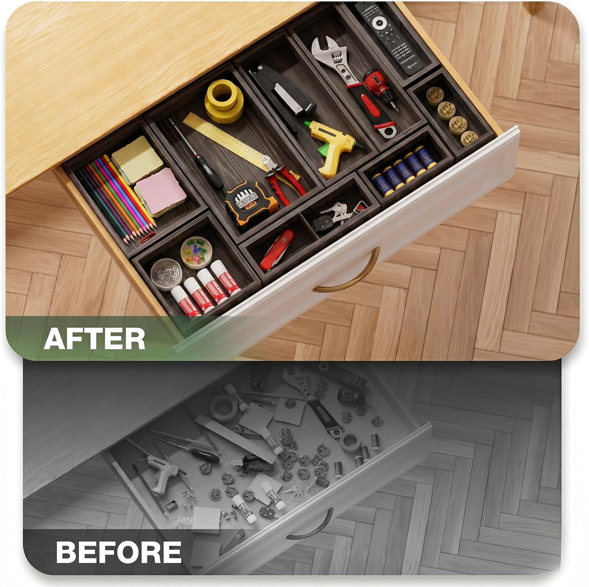 9-Pack Solid Wood Junk Drawer Organizer, Modular Desk Drawer Tray & Acces...
