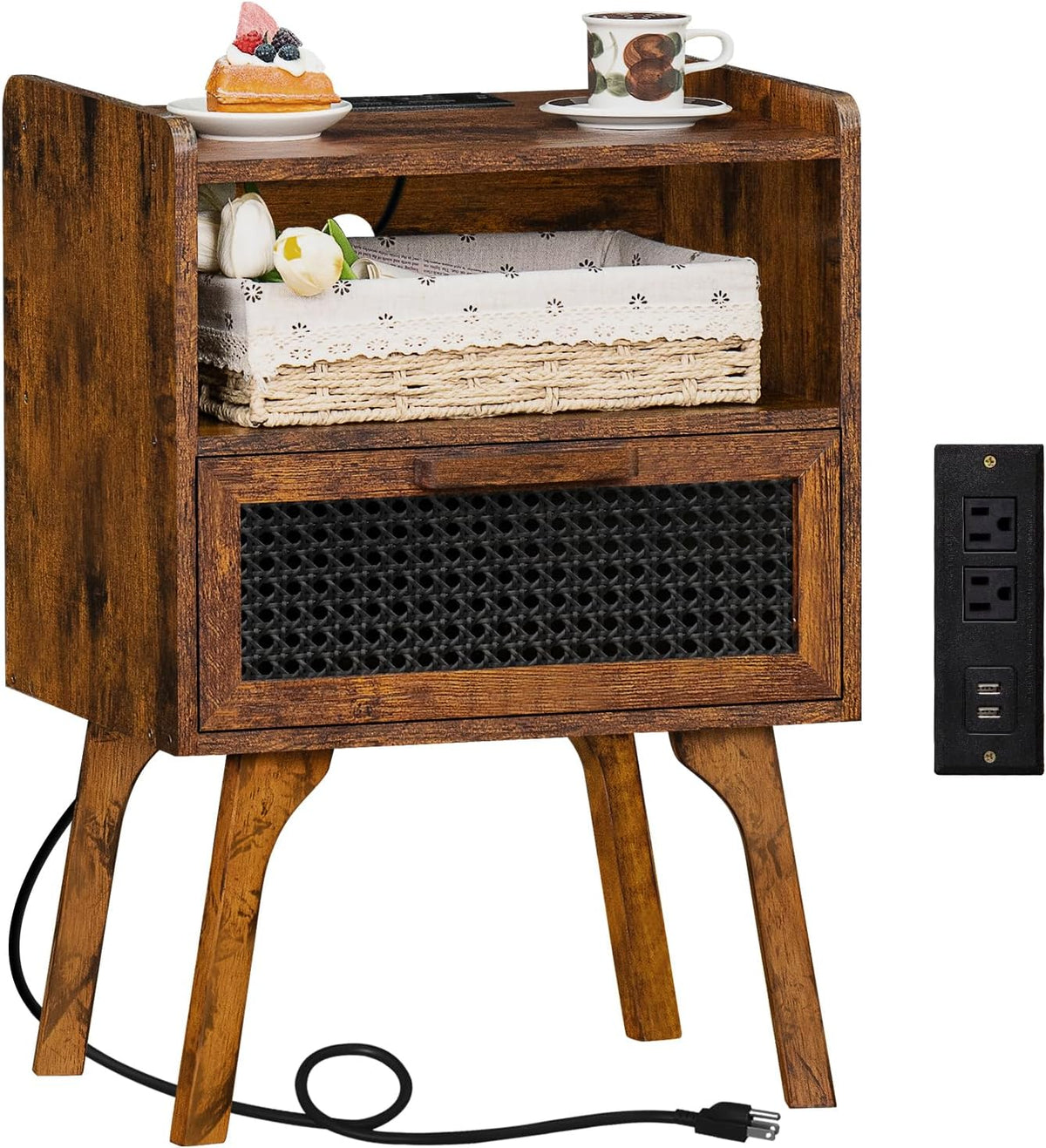 Lerliuo Rattan Nightstand with Charging Station, Side Table with Drawer