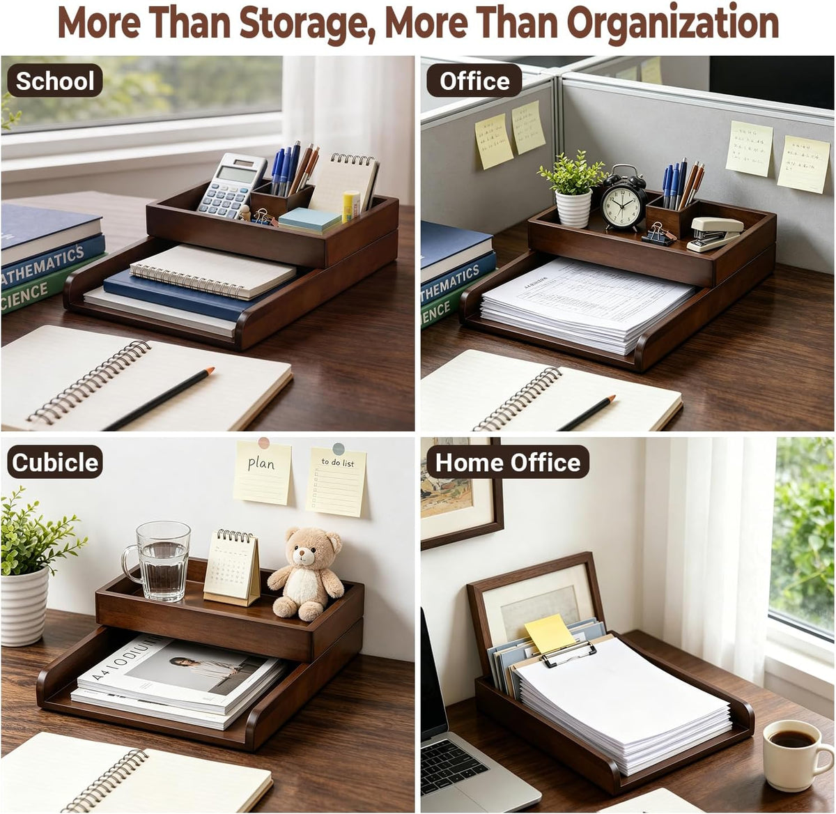 Wood 2-Tier Letter Tray, Stackable Detachable Paper Tray Desk Organizer