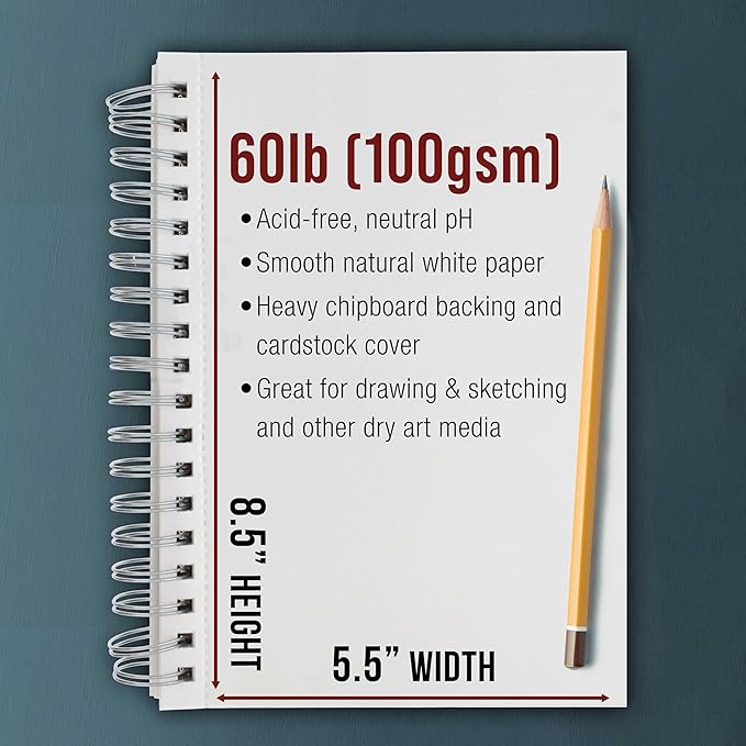 U.S. Art Supply 5.5"x8.5" Sketch Book Pad, 3 Pack, 60lb Spiral Bound - Image 3