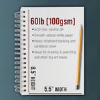 U.S. Art Supply 5.5"x8.5" Sketch Book Pad, 3 Pack, 60lb Spiral Bound - Image 3