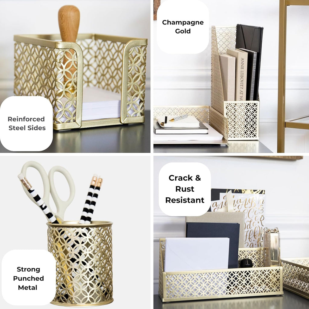 blu monaco | gold desk organizer set with showing dimensions