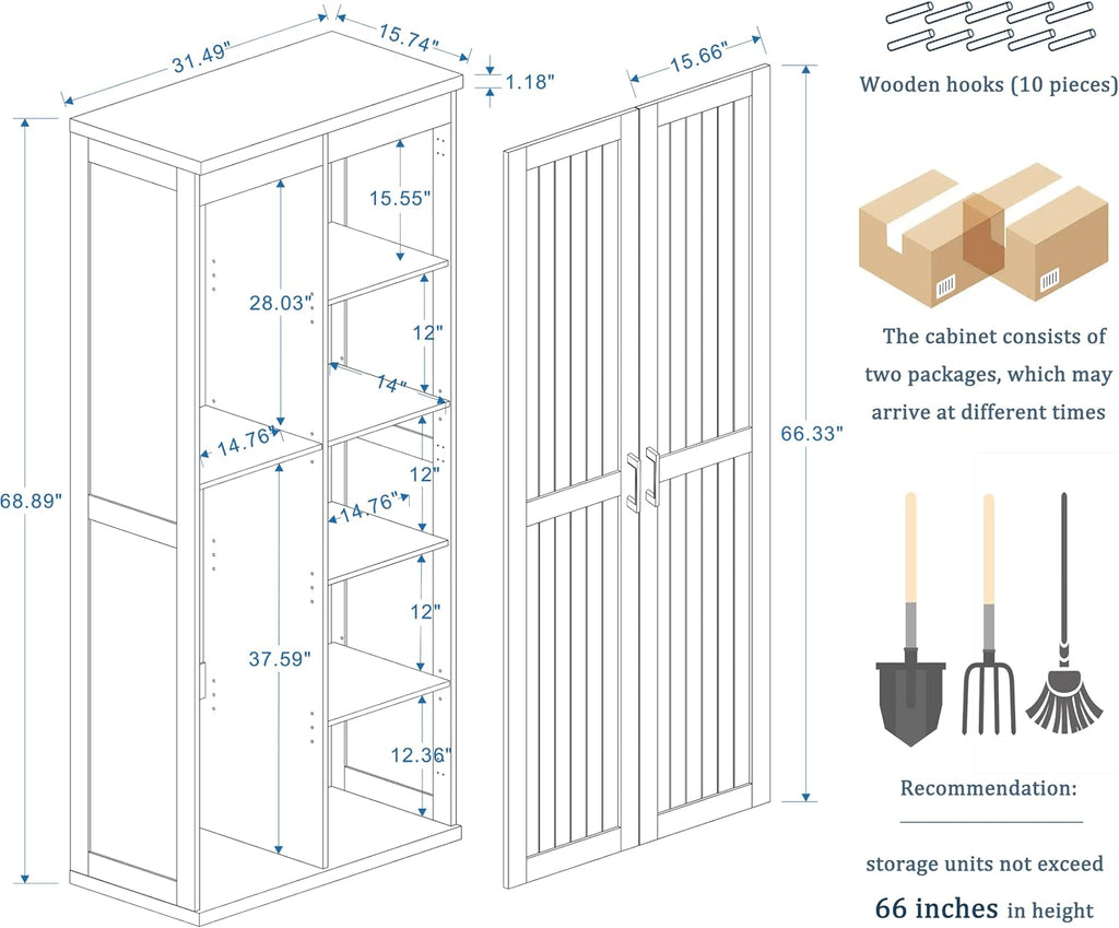 68.9" wooden broom closet storage cabinet with perforated shown in use