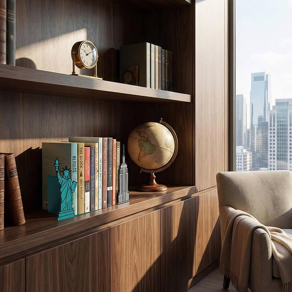 NYC Bookends with Statue of Liberty and Empire State Building Design - Steel with Epoxy Coating - Decorative Pair of Book Holders for Shelves, Desk, and Office - Geguton