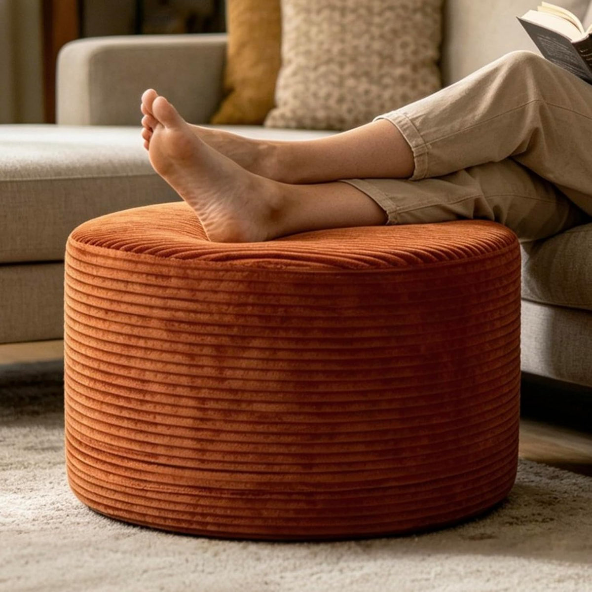 Thgonwid Round Ottoman Pouf, Corduroy Foot Rest Stool, 20x14In,Burnt Orange