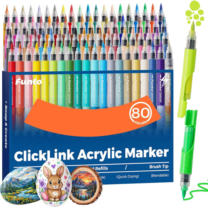 Funto Refillable Acrylic Paint Markers, 80-Color Brush Tip Paint Pens for Wood, Glass, Fabric, Canvas, Rock, Ceramic & Paper, Quick-Dry Markers for DIY Crafts, Signs, Journaling & Art Projects