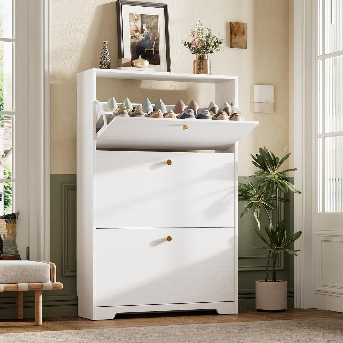 Nicetree Shoe Cabinet with 3 Flip Drawers, Narrow Shoe Organizer Cabinet, Fre...