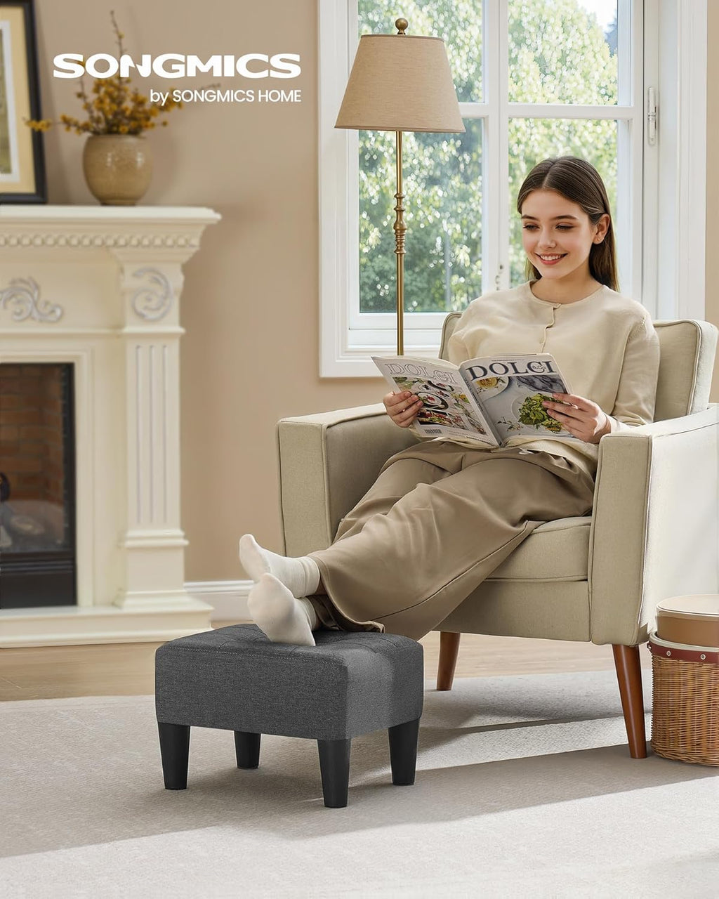 songmics foot stool, small linen-look fabric ottoman with shown in use