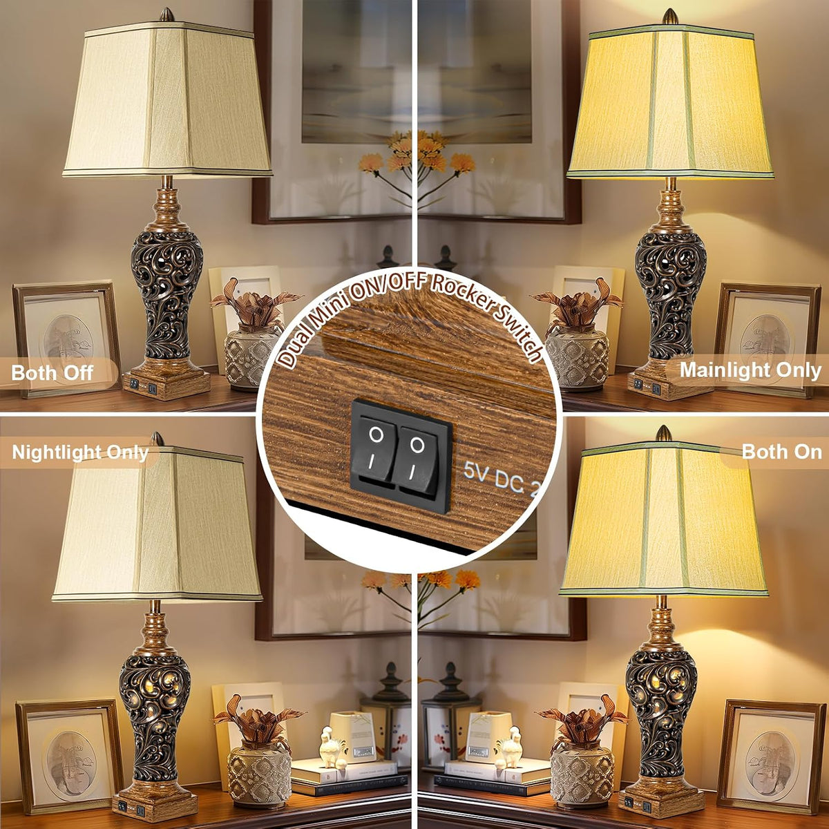 32'' Tall Rustic Vintage Table Lamps Set of 2 with Night Lights, Larg...