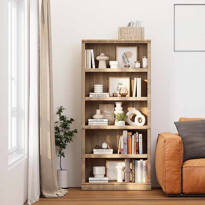blini 5-Shelf Tall Bookcase Wooden Bookshelves 33in Wide Floor Standing Display by blini