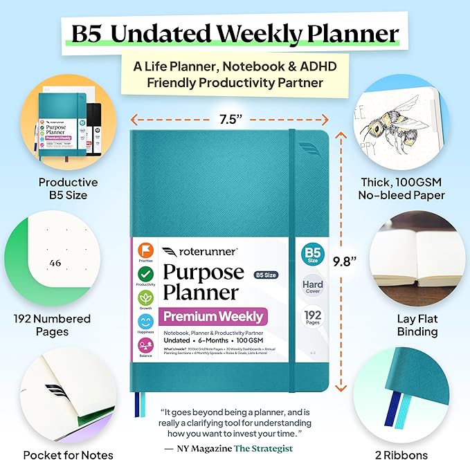 Purpose Planner Notebook B5 Hardcover 7.5”x9.8”- Teal Undated Daily, and - Image 2
