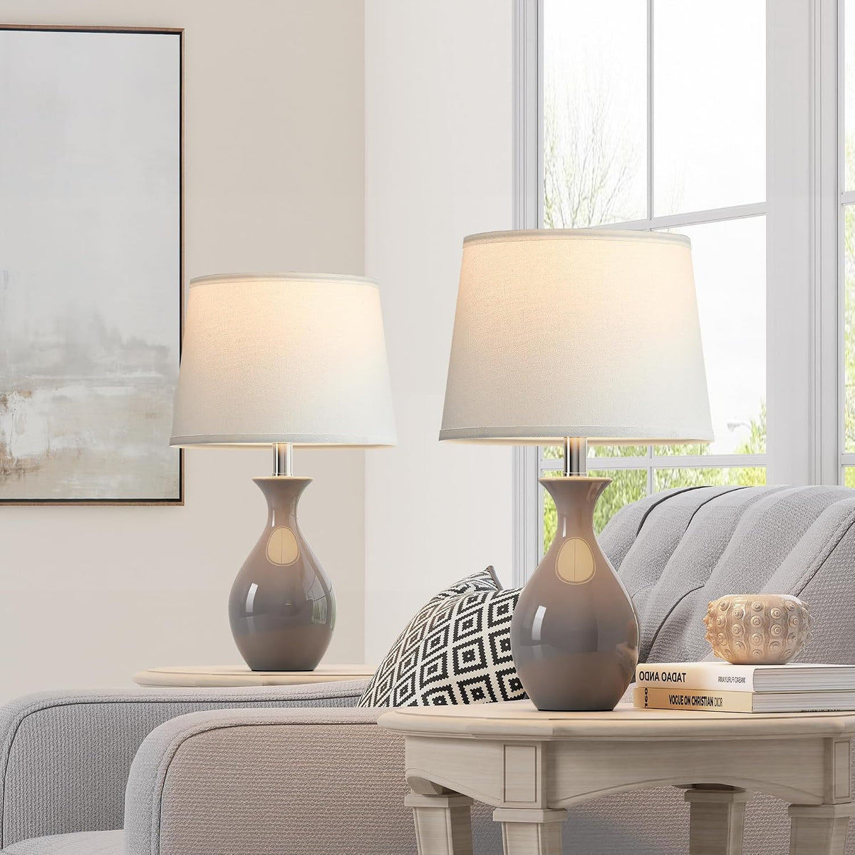PARTPHONER Table Lamp Set of 2, Modern Ceramic Bedside Lamps for Night Stands...