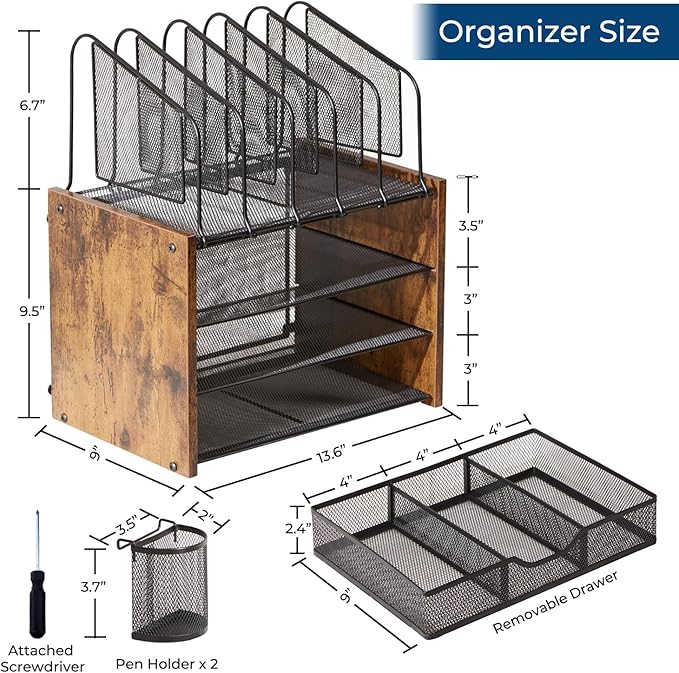 Y YOMA Wooden Desk Organizer, 4-Tier Mesh Desk Organizer - Image 3