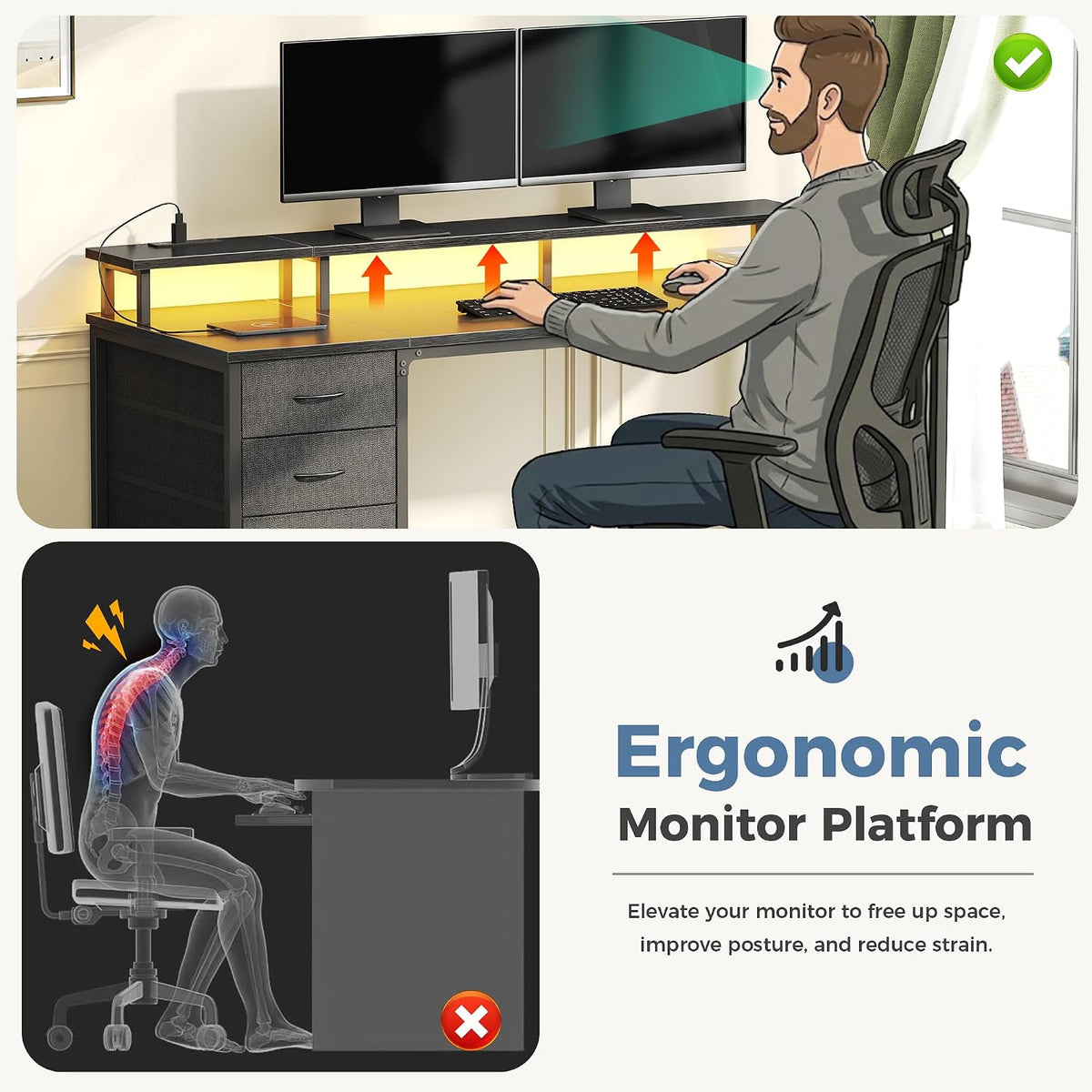 DUMOS 47-Inch Gaming Computer Desk with Drawers for Home Office, Black