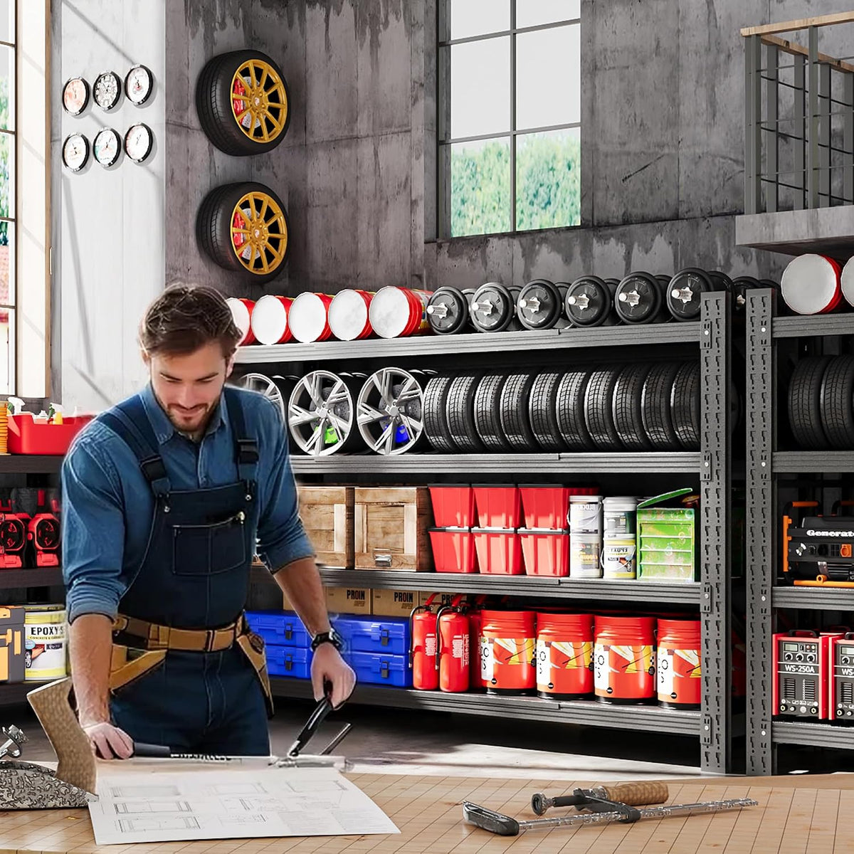 71.3” wide heavy duty metal garage shelving, adjustable, close-up detail
