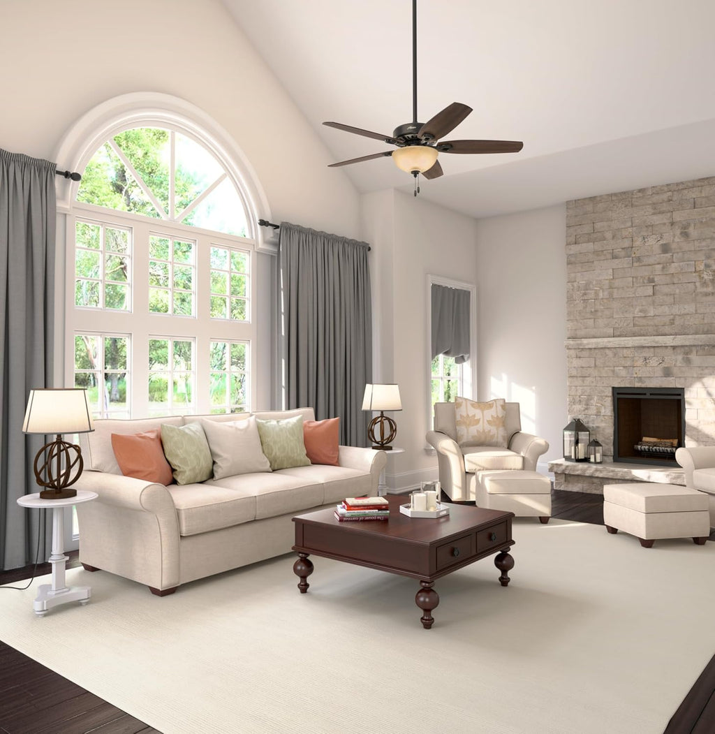 hunter builder deluxe, indoor, ceiling fan, pull chain shown in use