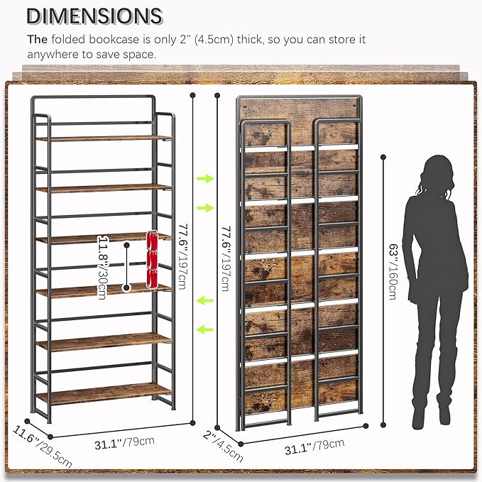 4NM No Assembly Extra Wide 6 Tiers Folding Bookshelf Storage Shelves Vintage - Image 2