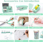 Green Office Desk Accessories Supplies, 12pcs Desk Organizers and Accessories with Tape dispenser and Stapler,Staples,Staple Remover,Pen Holder,Scissor,Ruler,Sticky Tabs,Tape,Ballpoint Pen,Clips Set