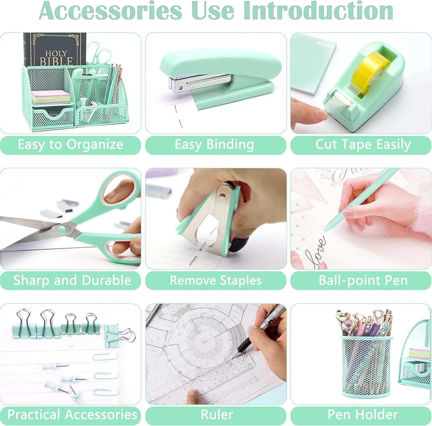 Green Office Desk Accessories Supplies, 12pcs Desk Organizers and Accessories with Tape dispenser and Stapler,Staples,Staple Remover,Pen Holder,Scissor,Ruler,Sticky Tabs,Tape,Ballpoint Pen,Clips Set